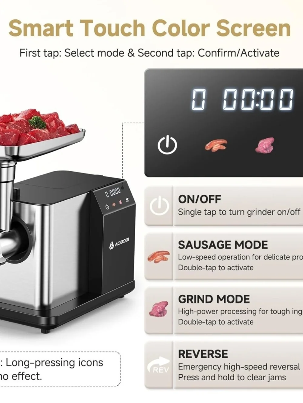 AAOBOSI Electric Meat Grinder 3000W Touch Screen Auto Reverse Sausage Maker